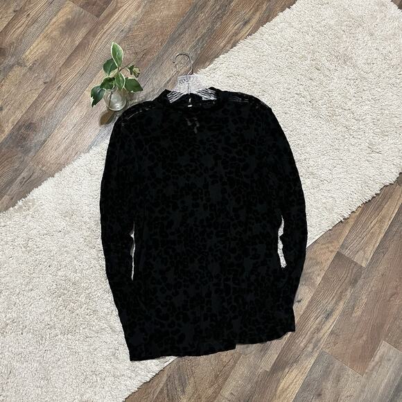 Lane Bryant 14/16 Black Mesh Sheer Velvet Burnout Leopard Print Mock Neck Top - Picture 2 of 7